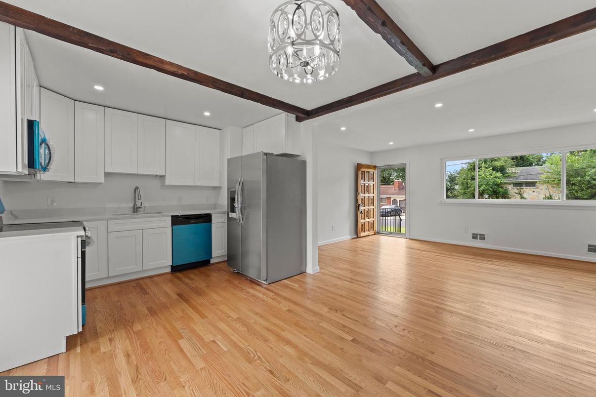 Interior, Kitchen, Recessed Lighting, Stainless Steel Appliances, Wooden Beams, Wood Texture Flooring