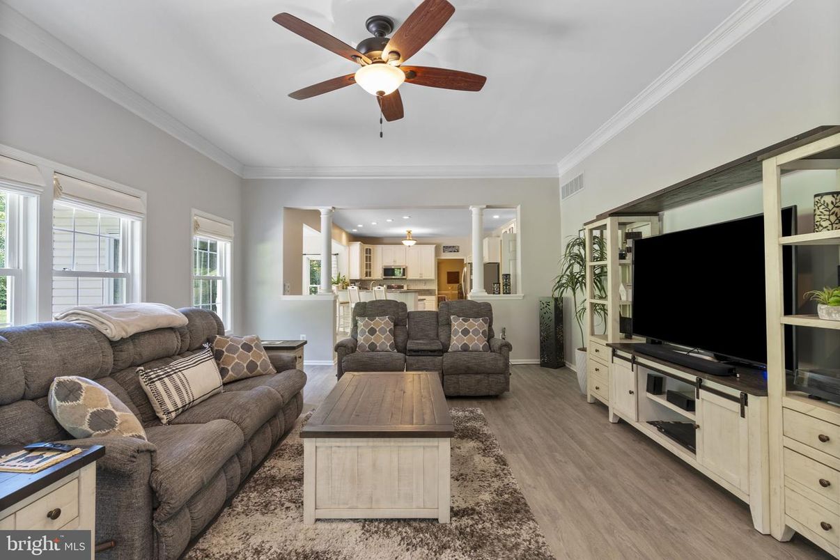 Interior, Kitchen, Living room, Recessed Lighting, Stainless Steel Appliances, Wood Texture Flooring