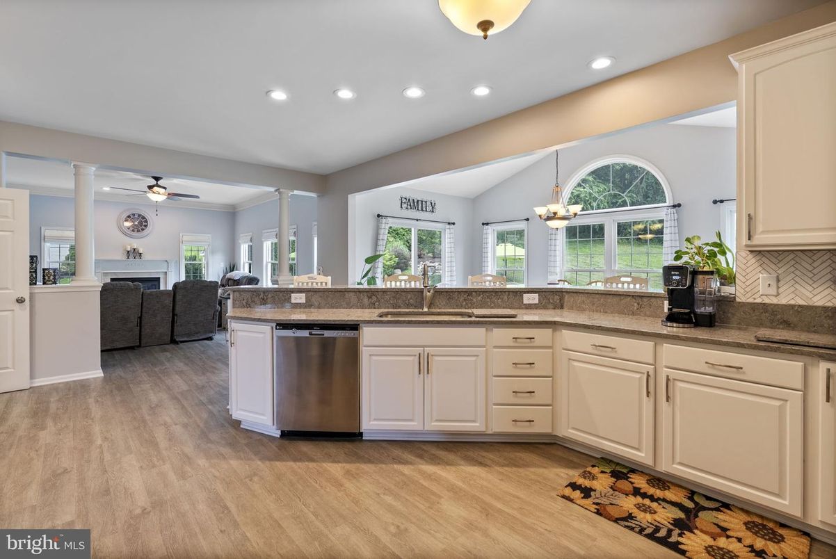 Fireplace, Interior, Kitchen, Living room, Recessed Lighting, Wood Texture Flooring