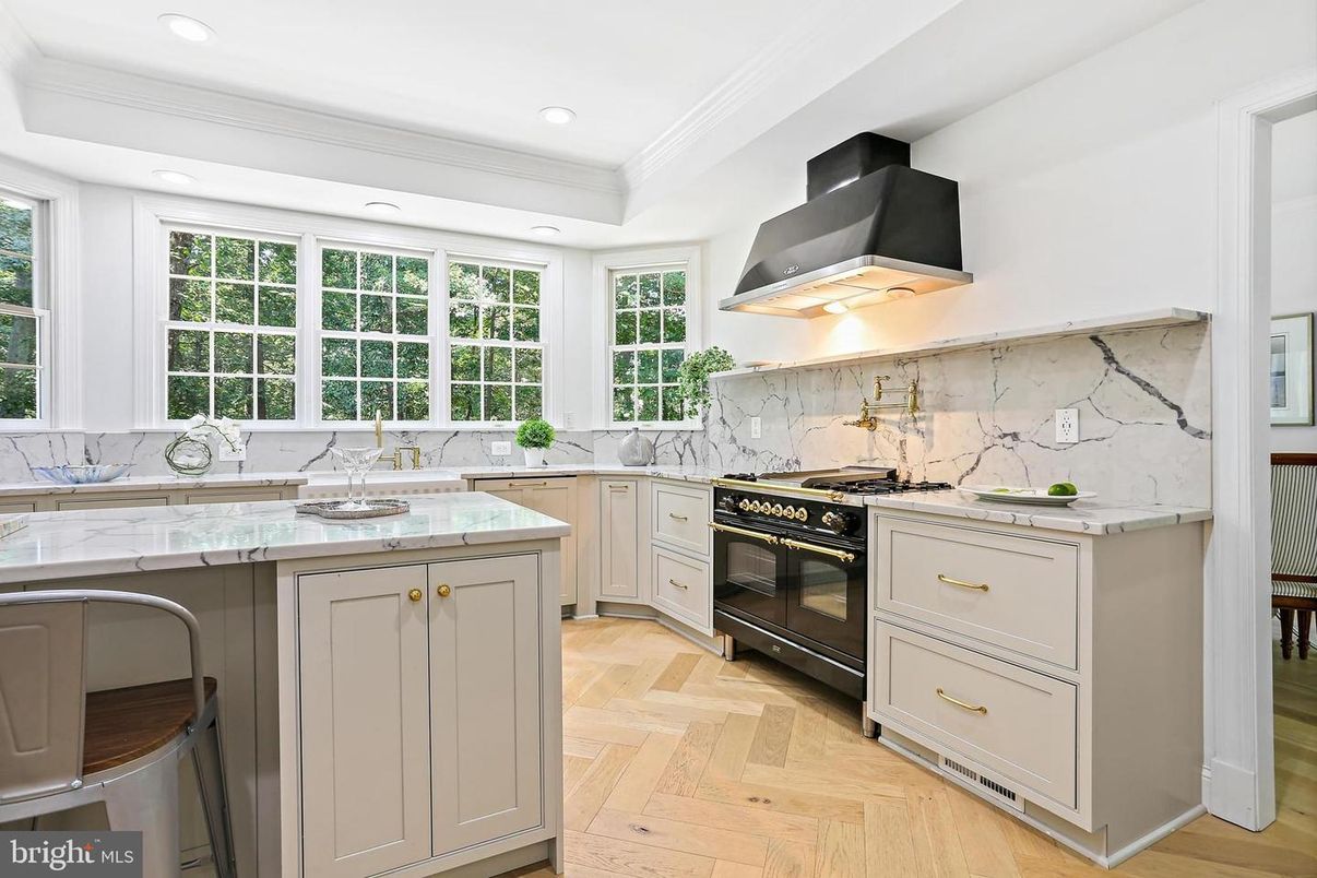 Interior, Kitchen, Marble Walls, Recessed Lighting, Stainless Steel Appliances, Wood Texture Flooring