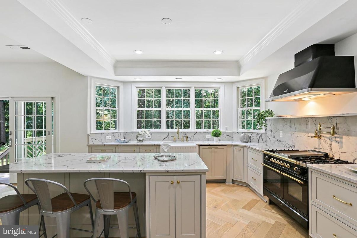 Interior, Kitchen, Marble Walls, Recessed Lighting, Stainless Steel Appliances, Wood Texture Flooring