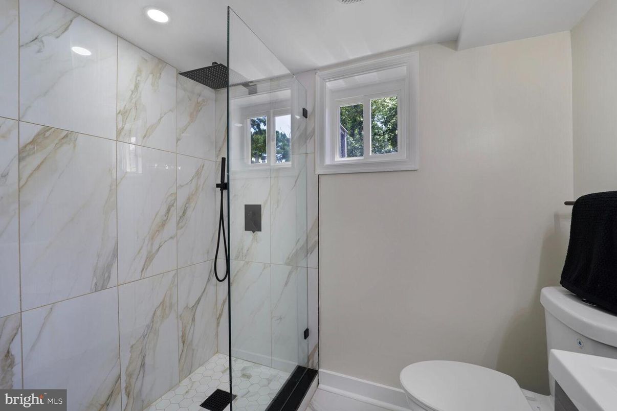 Bathroom, Glass Shower, Interior, Marble Walls, Recessed Lighting