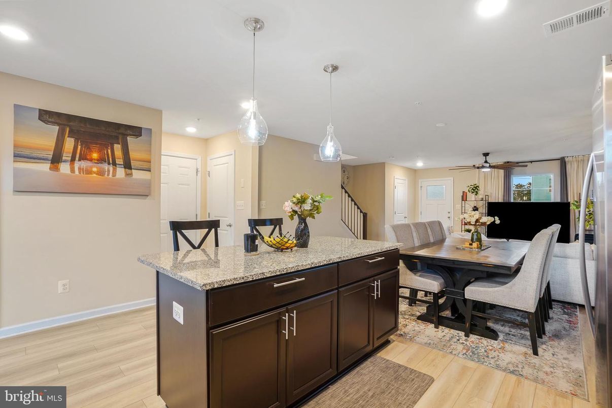 Dining room, Interior, Pendant Lights, Recessed Lighting, Wood Texture Flooring