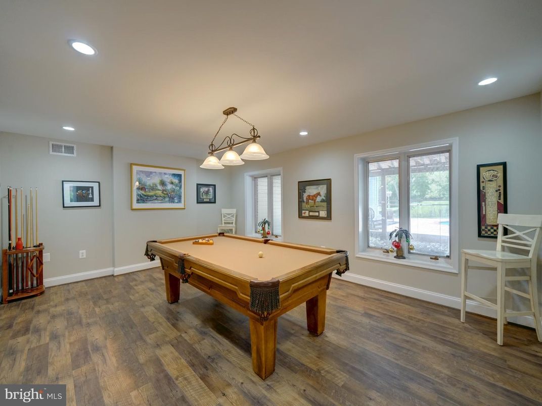 Billiard Table, Game Room, Interior, Pendant Lights, Recessed Lighting, Wood Texture Flooring