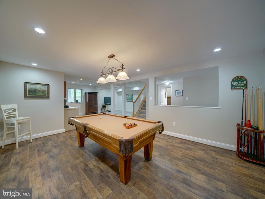 Billiard Table, Chandelier, Game Room, Interior, Recessed Lighting, Wood Texture Flooring