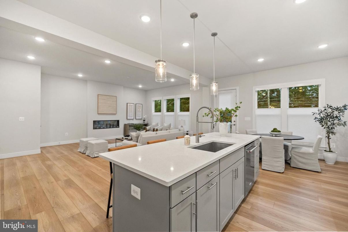 Dining room, Fireplace, Interior, Kitchen, Living room, Pendant Lights, Recessed Lighting, Wood Texture Flooring