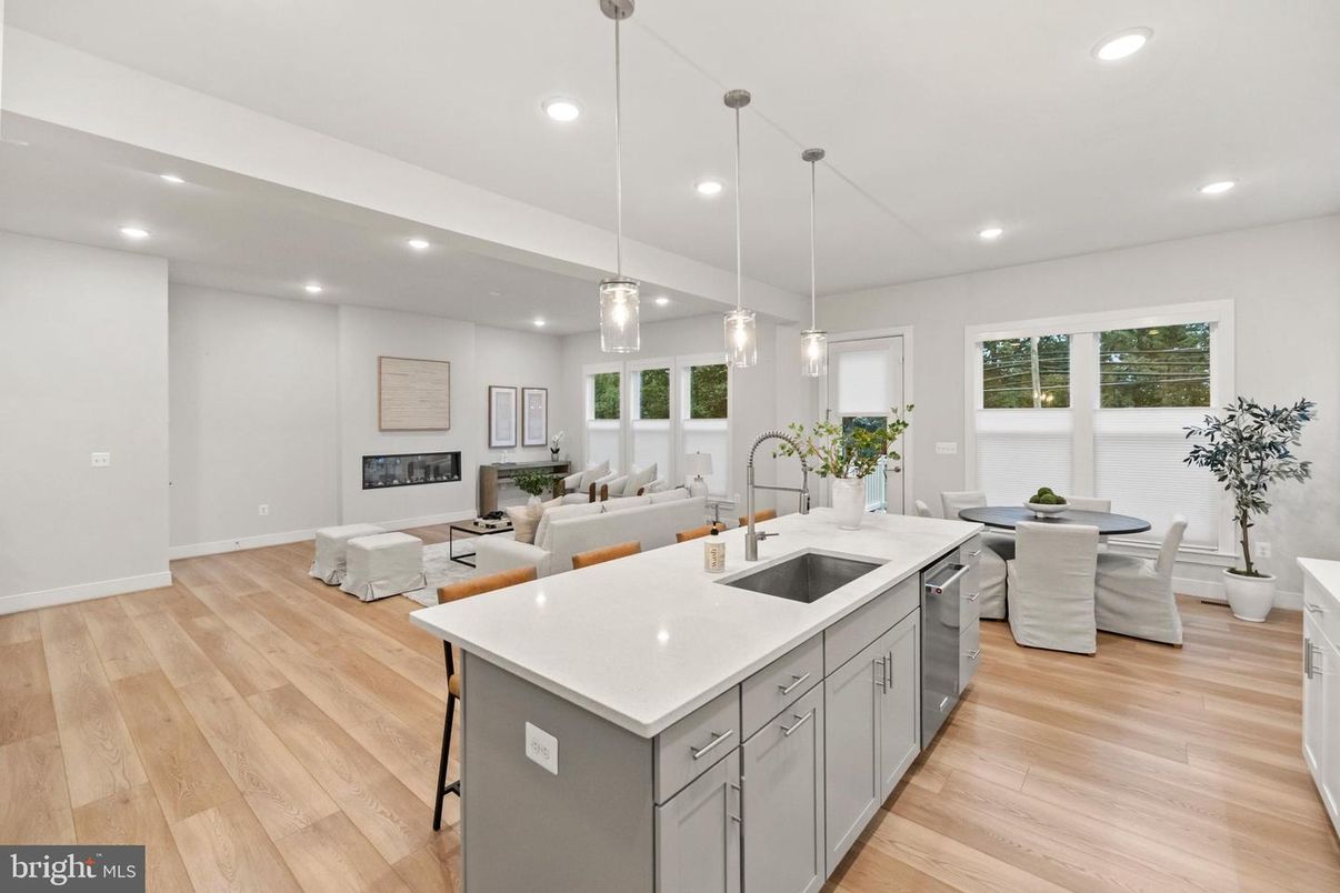 Dining room, Fireplace, Interior, Kitchen, Living room, Pendant Lights, Recessed Lighting, Wood Texture Flooring