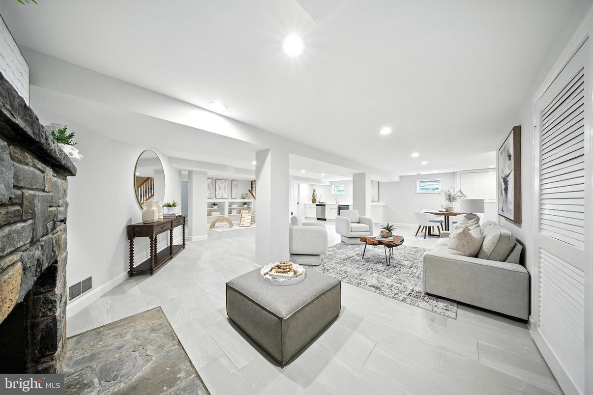 Dining room, Fireplace, Interior, Living room, Recessed Lighting, Stone Walls