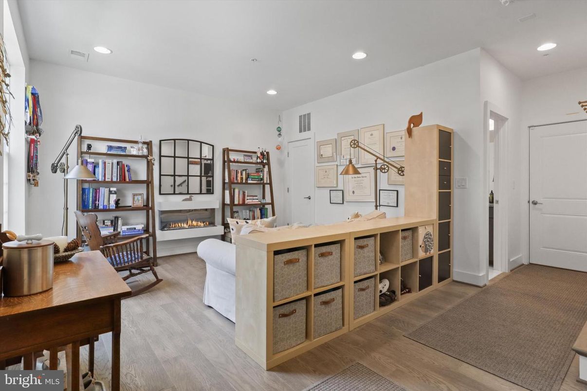 Fireplace, Interior, Living room, Recessed Lighting, Wood Texture Flooring