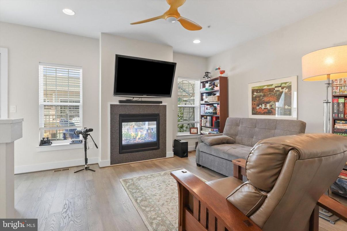 Fireplace, Interior, Recessed Lighting, Wood Texture Flooring