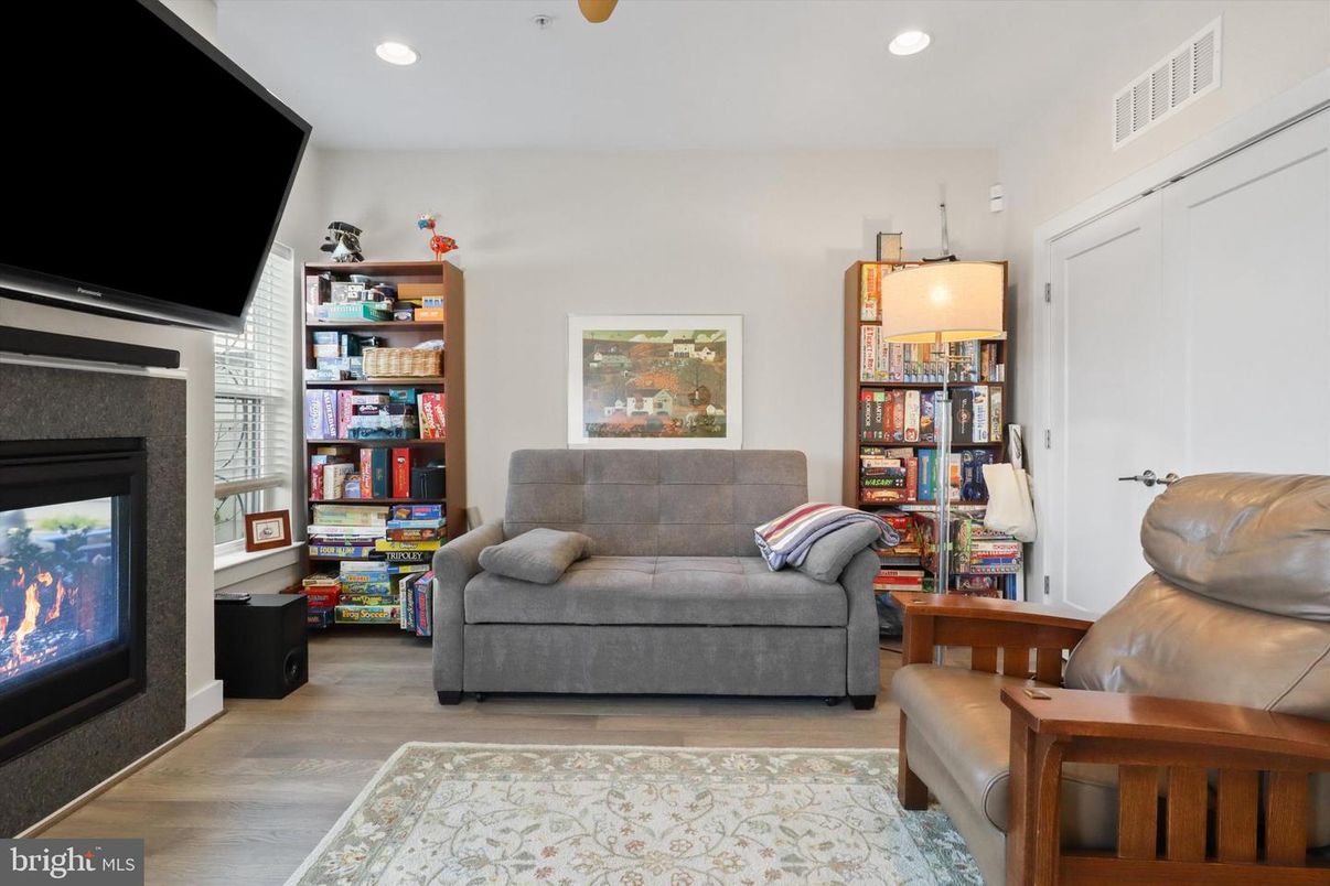 Fireplace, Interior, Recessed Lighting, Wood Texture Flooring