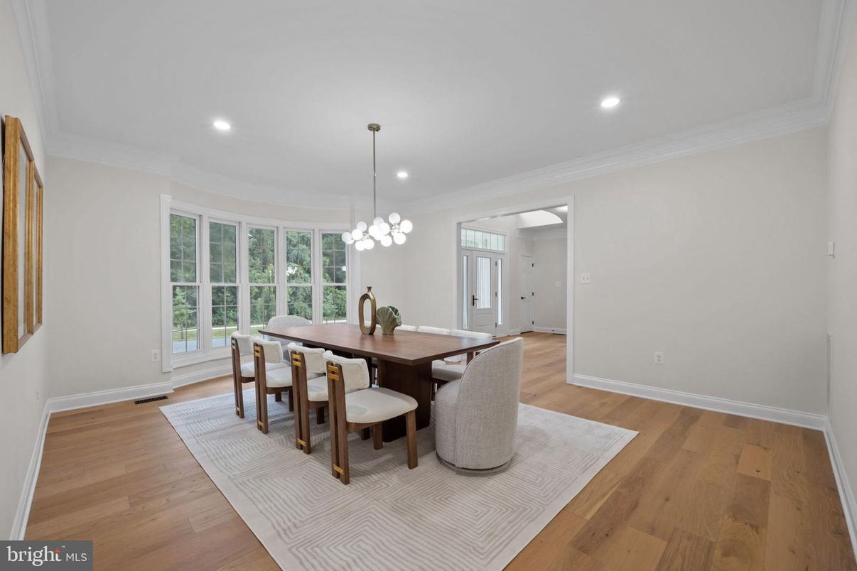 Dining room, Interior, Pendant Lights, Recessed Lighting, Wood Texture Flooring