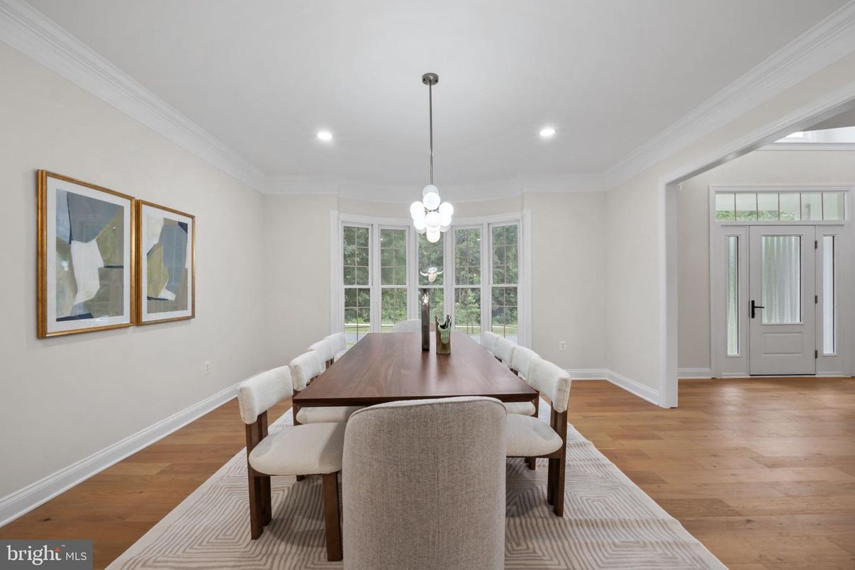 Dining room, Interior, Pendant Lights, Recessed Lighting, Wood Texture Flooring