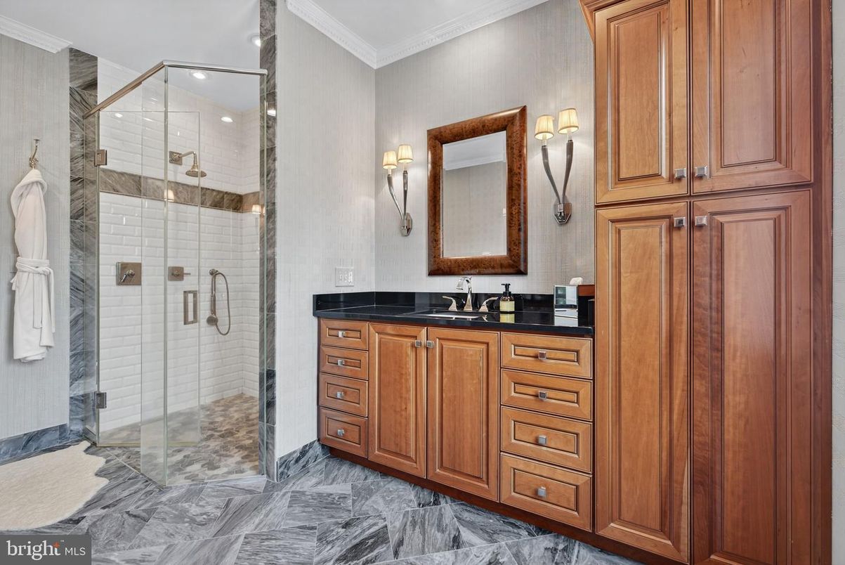 Bathroom, Dual Sink Vanities, Glass Shower, Interior, Marble, Recessed Lighting