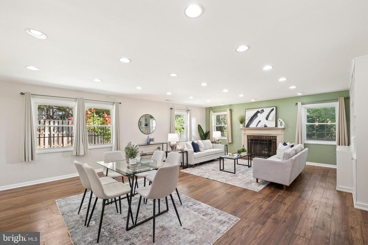 Dining room, Fireplace, Interior, Living room, Recessed Lighting, Wood Texture Flooring