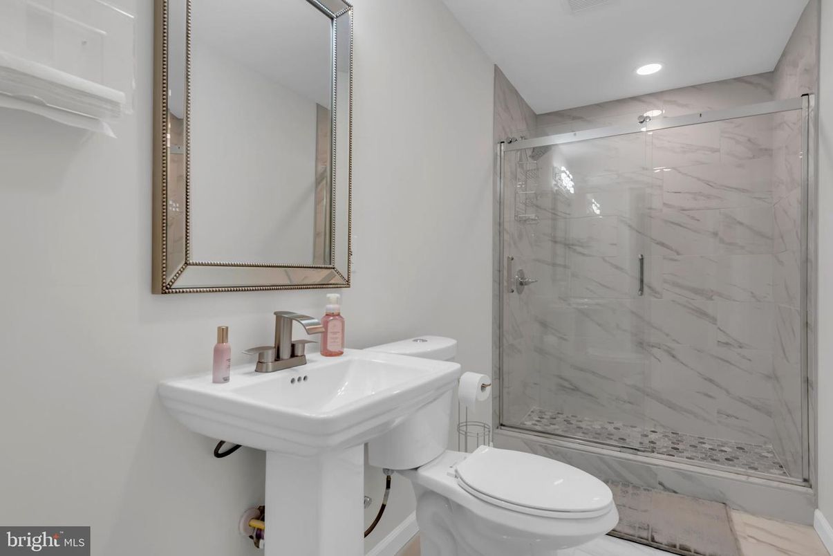 Bathroom, Glass Shower, Interior, Marble Walls, Recessed Lighting