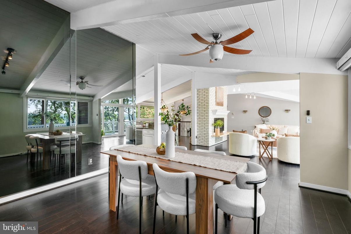 Dining room, Fireplace, Interior, Living room, Wood Texture Flooring