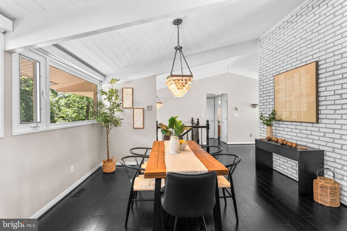 Dining room, Interior, Pendant Lights, Wood Texture Flooring