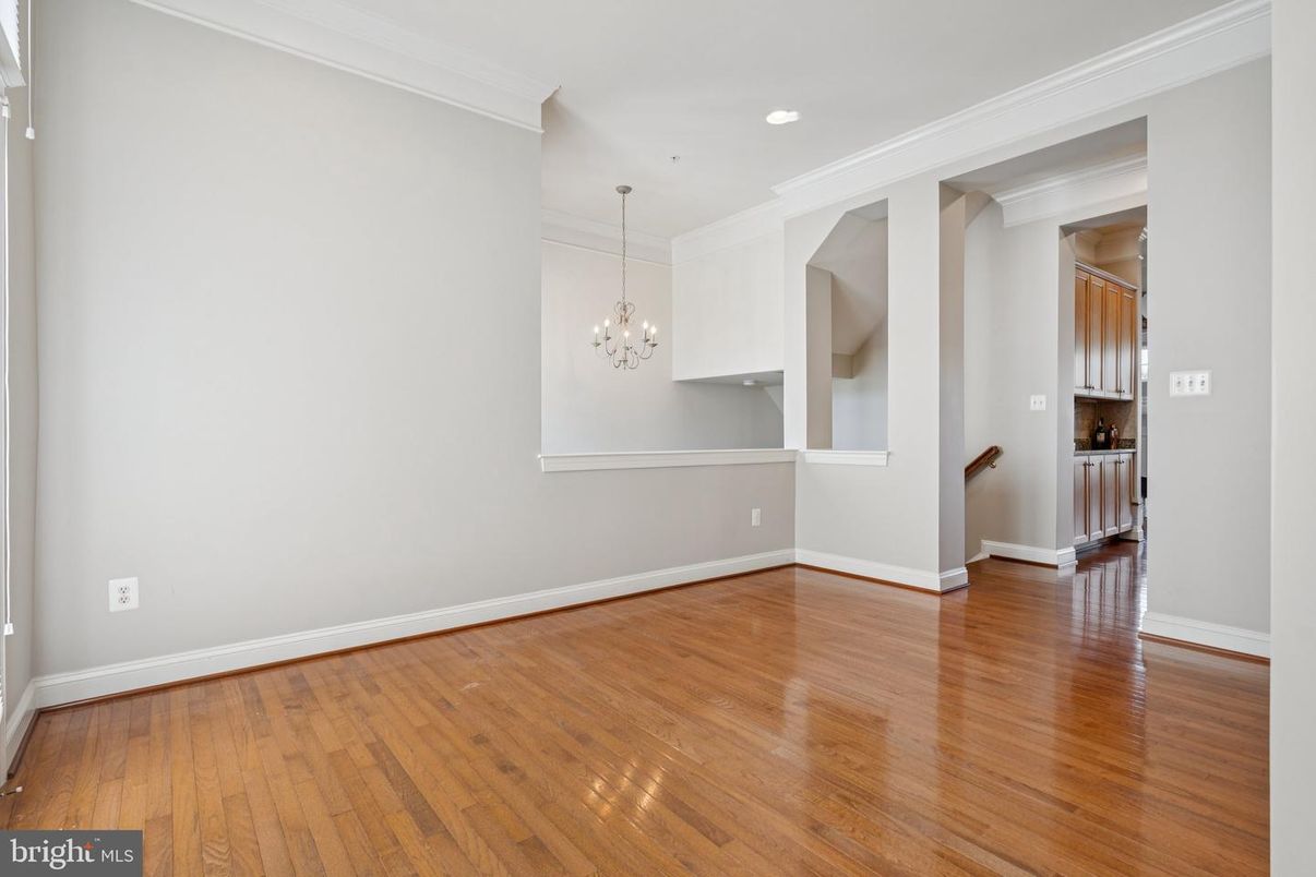 Chandelier, Empty room, Interior, Pendant Lights, Recessed Lighting, Wood Texture Flooring