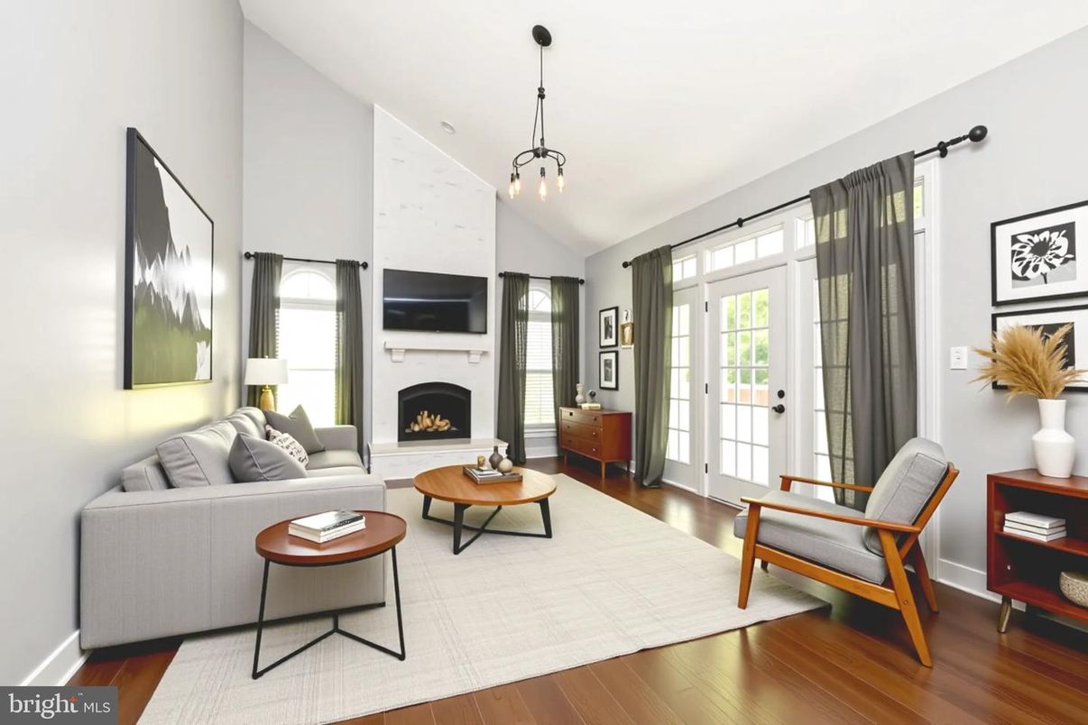 Fireplace, Interior, Living room, Pendant Lights, Wood Texture Flooring