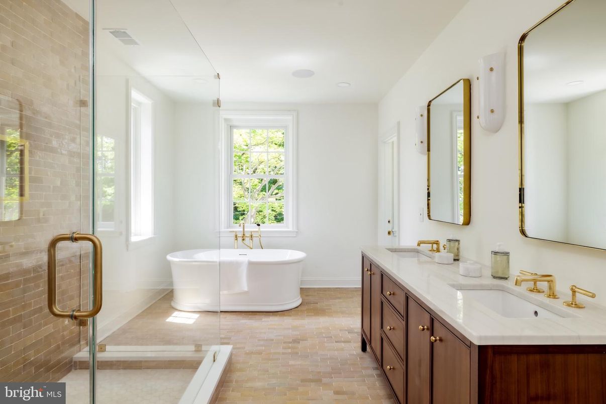 Bathroom, Dual Sink Vanities, Free Standing Baths, Glass Shower, Interior, Stone Walls