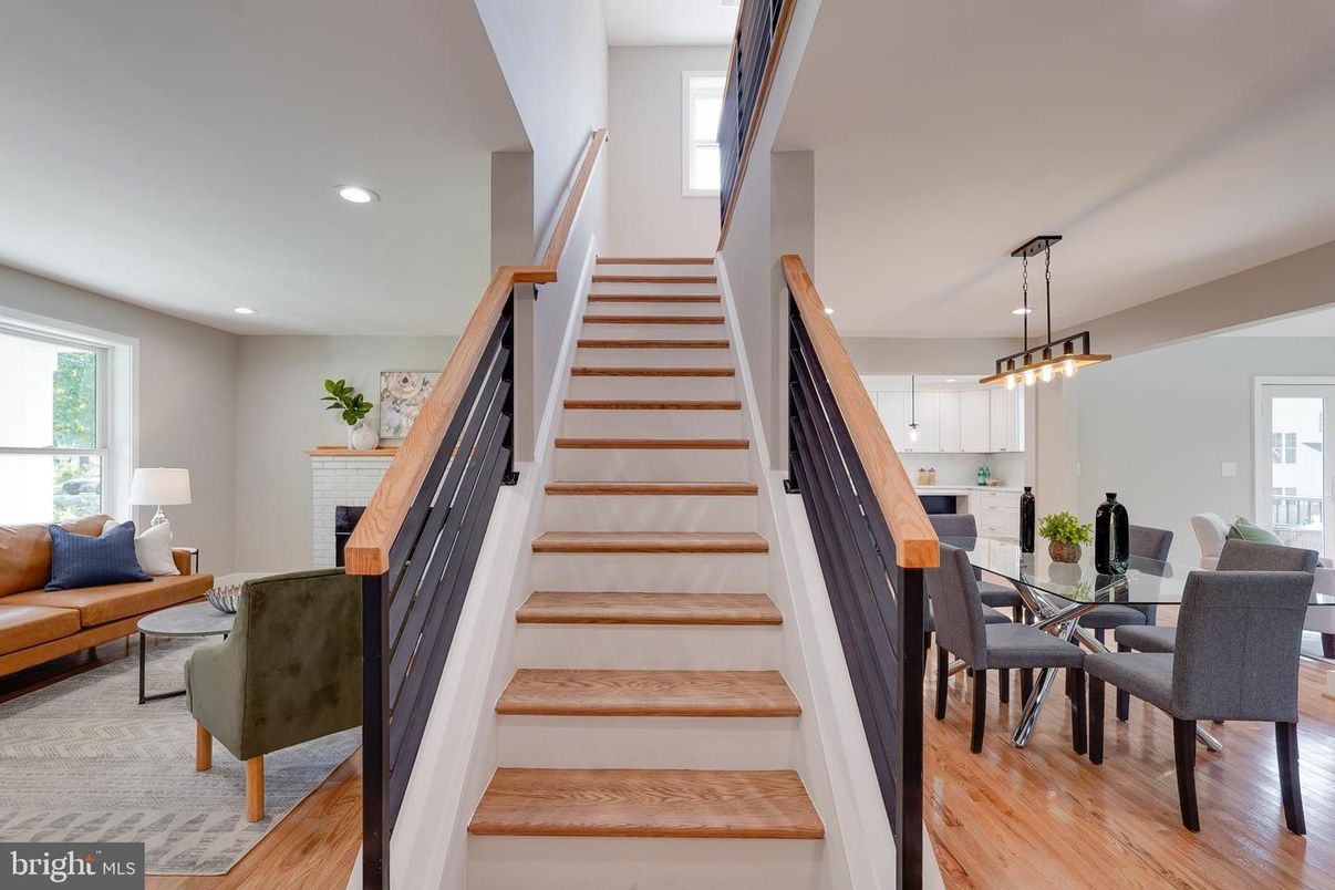 Dining room, Fireplace, Interior, Kitchen, Living room, Pendant Lights, Recessed Lighting, Wood Texture Flooring