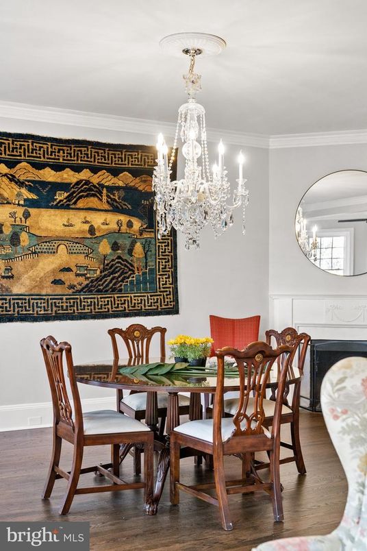 Chandelier, Dining room, Interior, Wood Texture Flooring