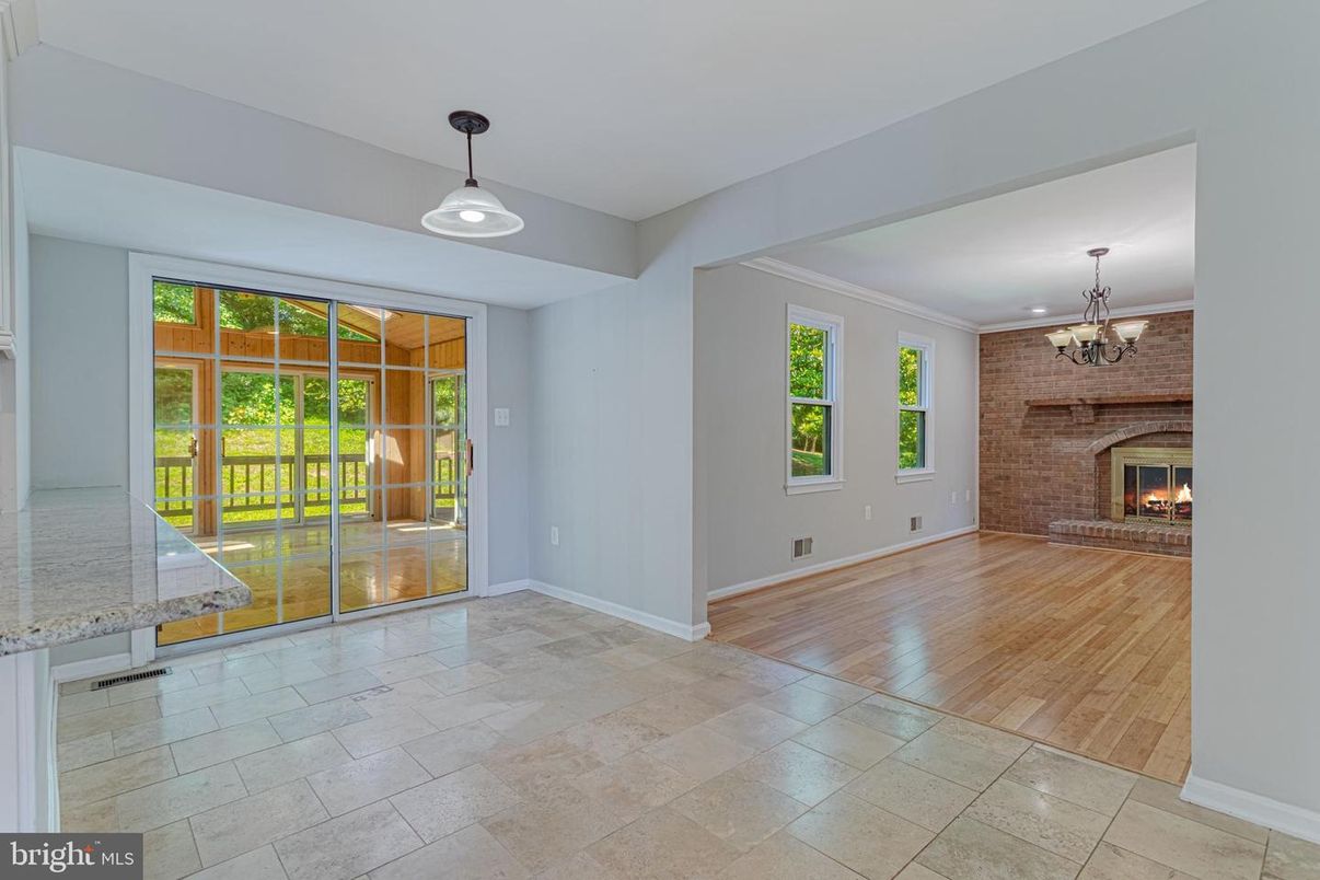 Chandelier, Empty room, Fireplace, Interior, Pendant Lights, Wood Texture Flooring