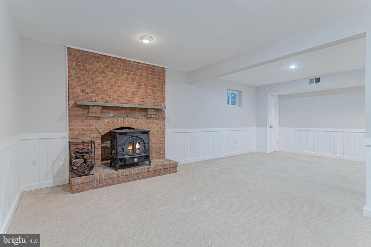 Empty room, Fireplace, Interior, Recessed Lighting, Stone Walls