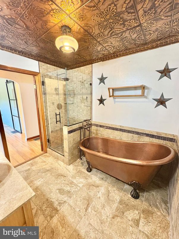 Bathroom, Free Standing Baths, Glass Shower, Interior, Wood Texture Flooring