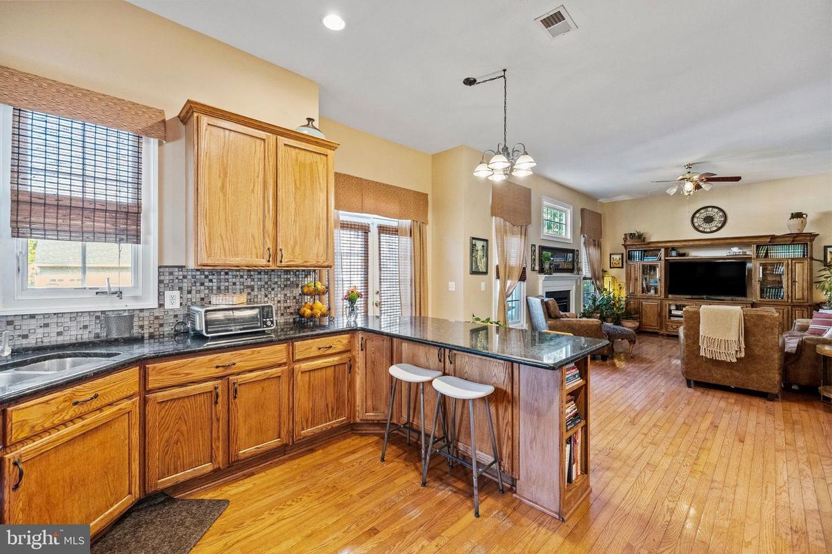 Fireplace, Interior, Kitchen, Living room, Pendant Lights, Recessed Lighting, Wood Texture Flooring