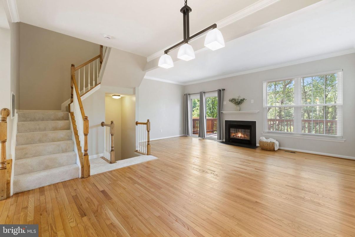 Empty room, Fireplace, Interior, Pendant Lights, Wood Texture Flooring