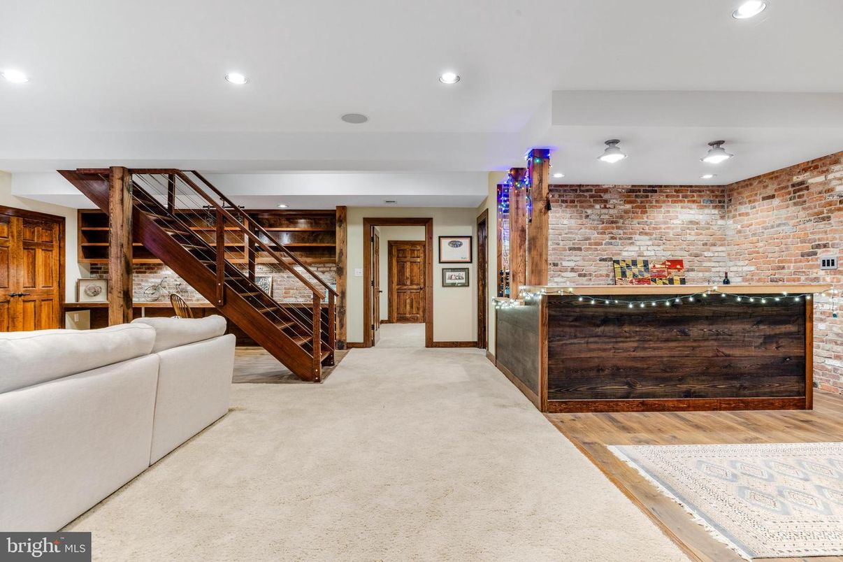Interior, Recessed Lighting, Stone Walls, Wood Texture Flooring