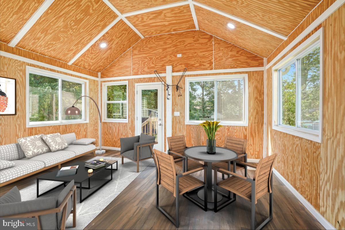 Dining room, Interior, Living room, Recessed Lighting, Sun Room, Wooden Ceilings, Wood Texture Flooring
