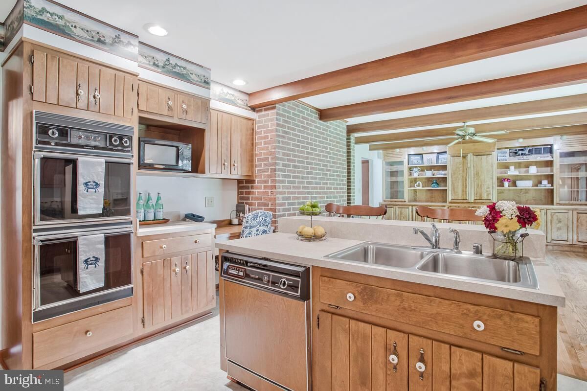 Interior, Kitchen, Recessed Lighting, Stainless Steel Appliances, Stone Walls