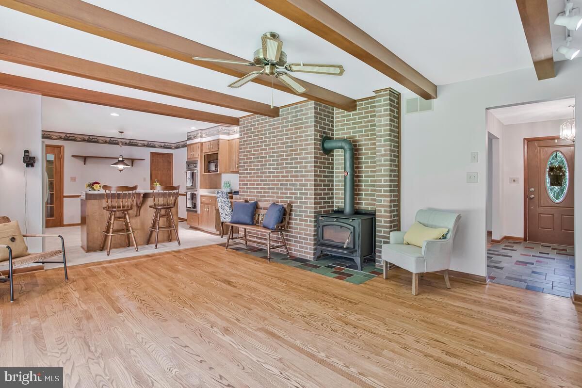 Fireplace, Interior, Kitchen, Pendant Lights, Recessed Lighting, Stone Walls, Wooden Beams, Wood Texture Flooring
