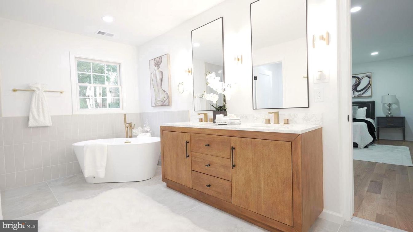 Bathroom, Dual Sink Vanities, Free Standing Baths, Interior, Recessed Lighting, Wood Texture Flooring