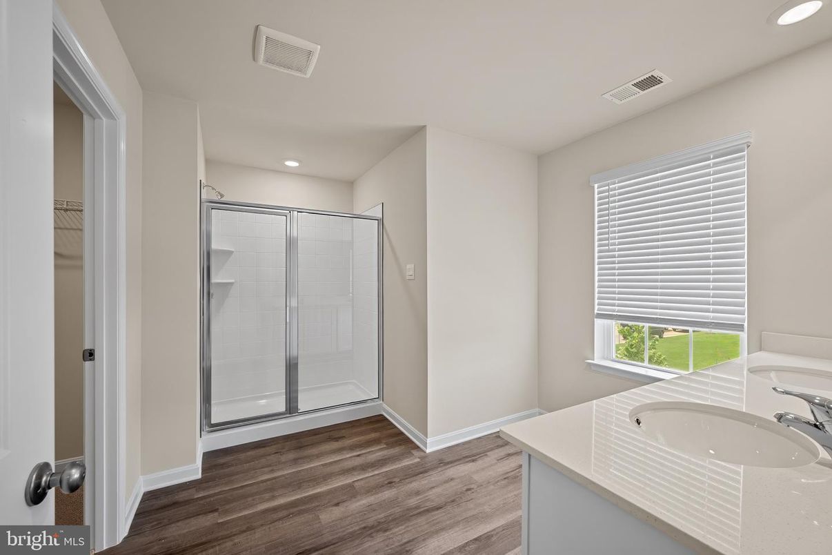 Bathroom, Glass Shower, Interior, Recessed Lighting, Wood Texture Flooring