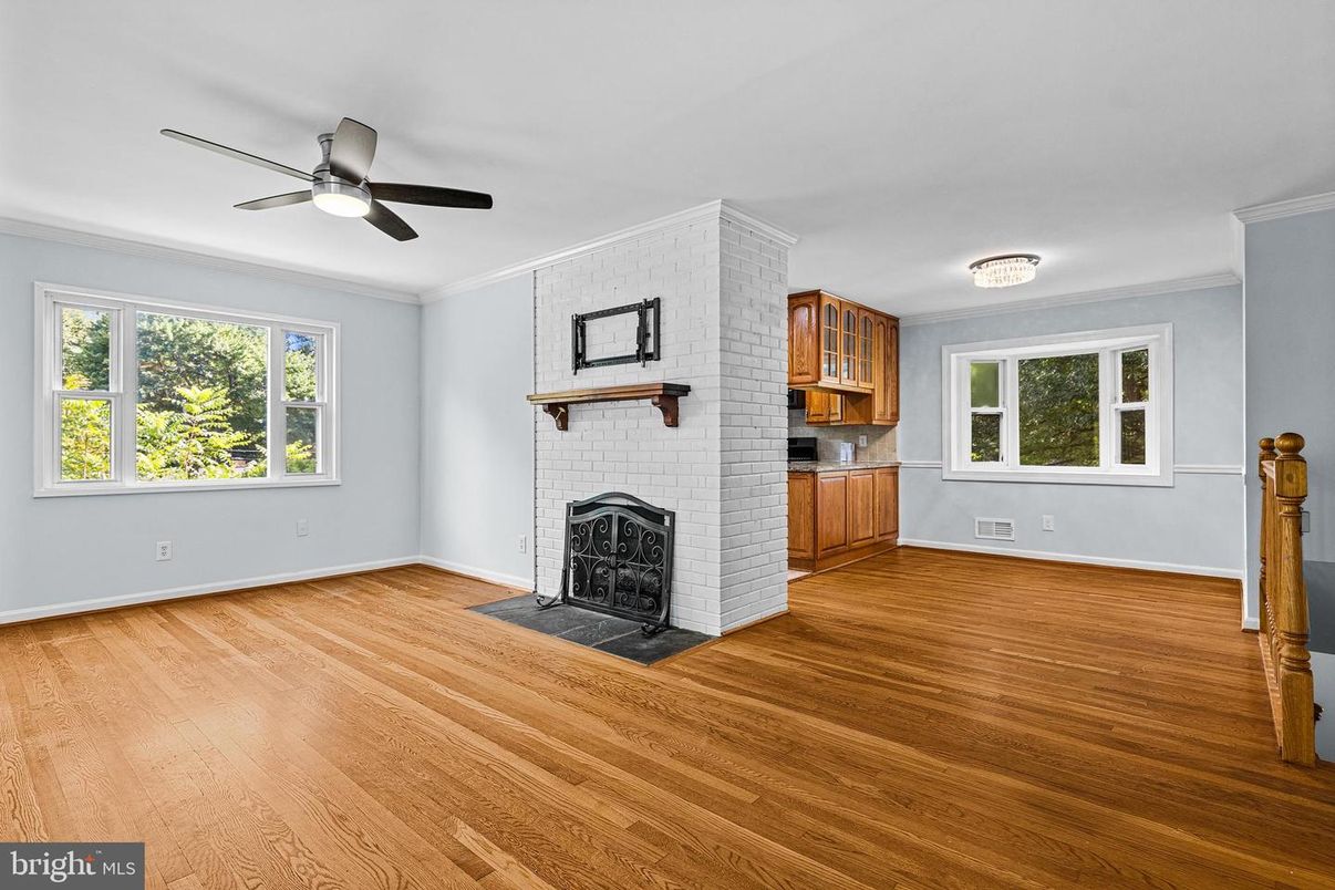 Empty room, Fireplace, Interior, Stone Walls, Wood Texture Flooring