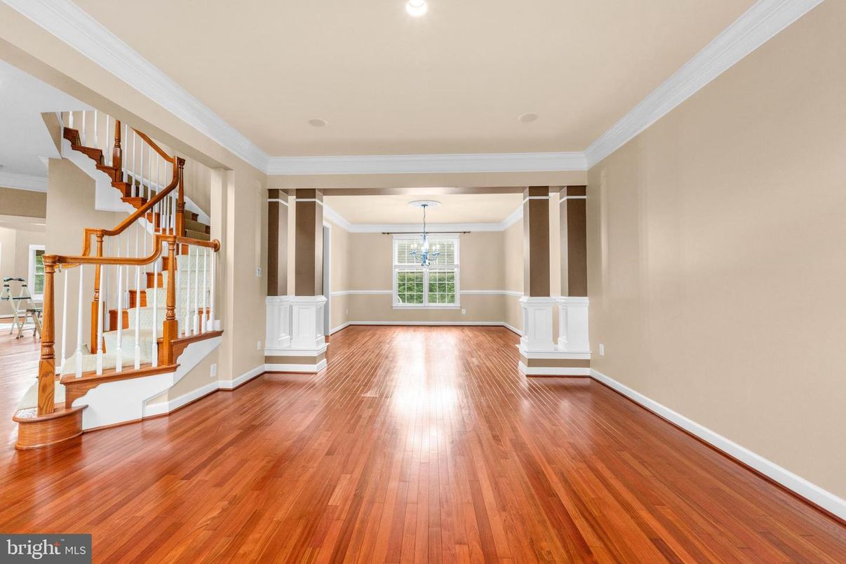 Chandelier, Empty room, Interior, Recessed Lighting, Wood Texture Flooring