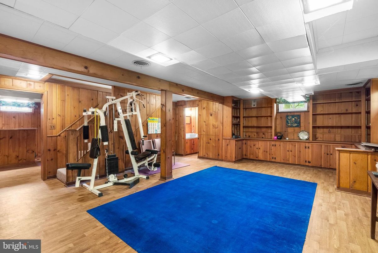 Fitness Equipment, Interior, Recessed Lighting, Wood Texture Flooring, Wooden Walls