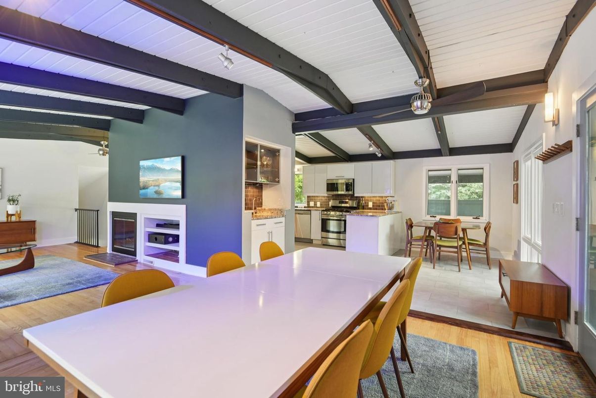 Dining room, Fireplace, Interior, Kitchen, Stainless Steel Appliances, Wooden Beams, Wood Texture Flooring