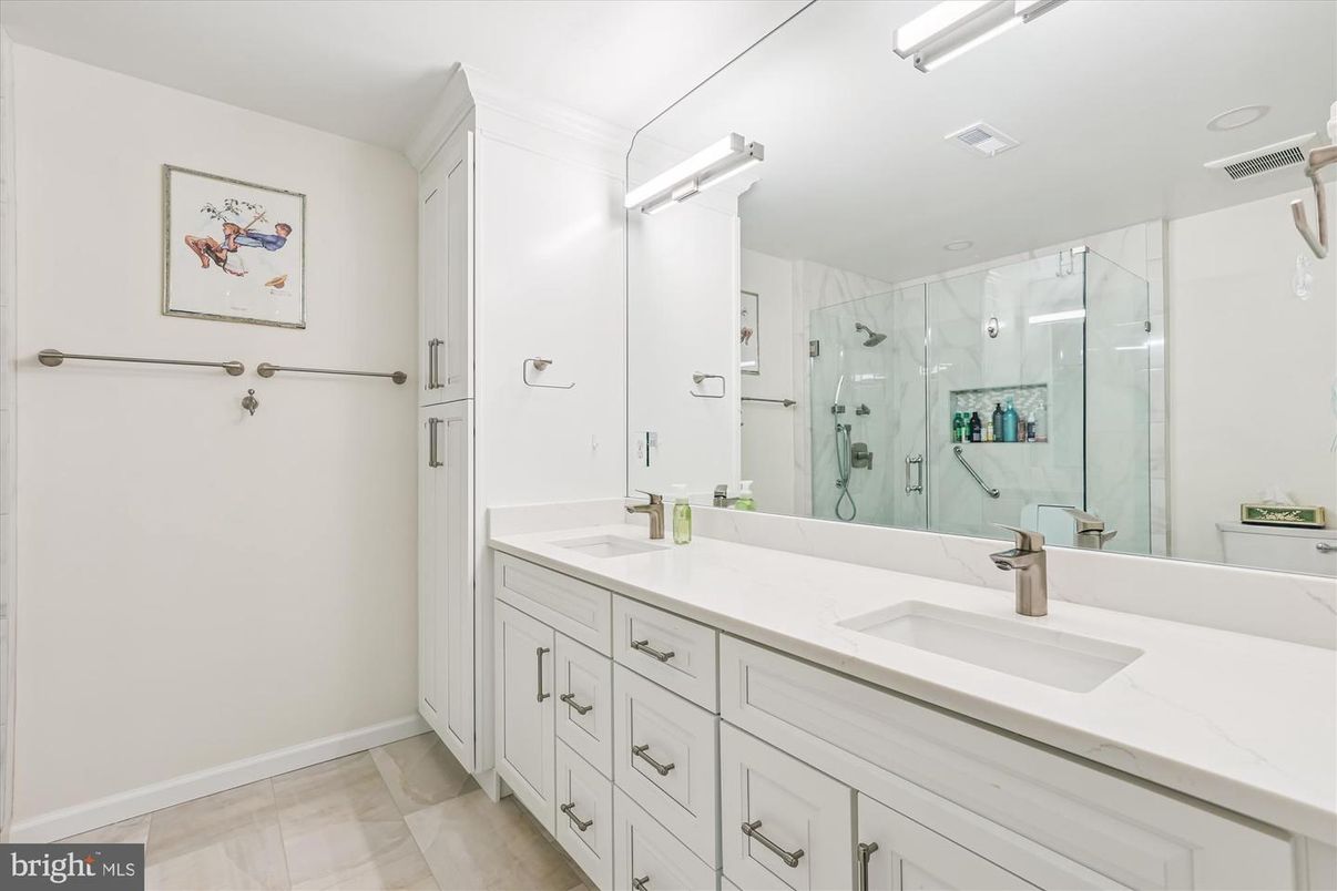 Bathroom, Dual Sink Vanities, Glass Shower, Interior, Recessed Lighting