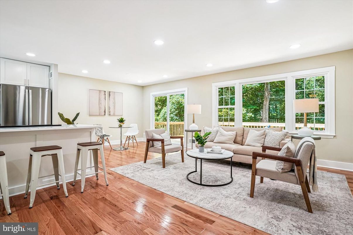 Interior, Kitchen, Living room, Recessed Lighting, Stainless Steel Appliances, Wood Texture Flooring