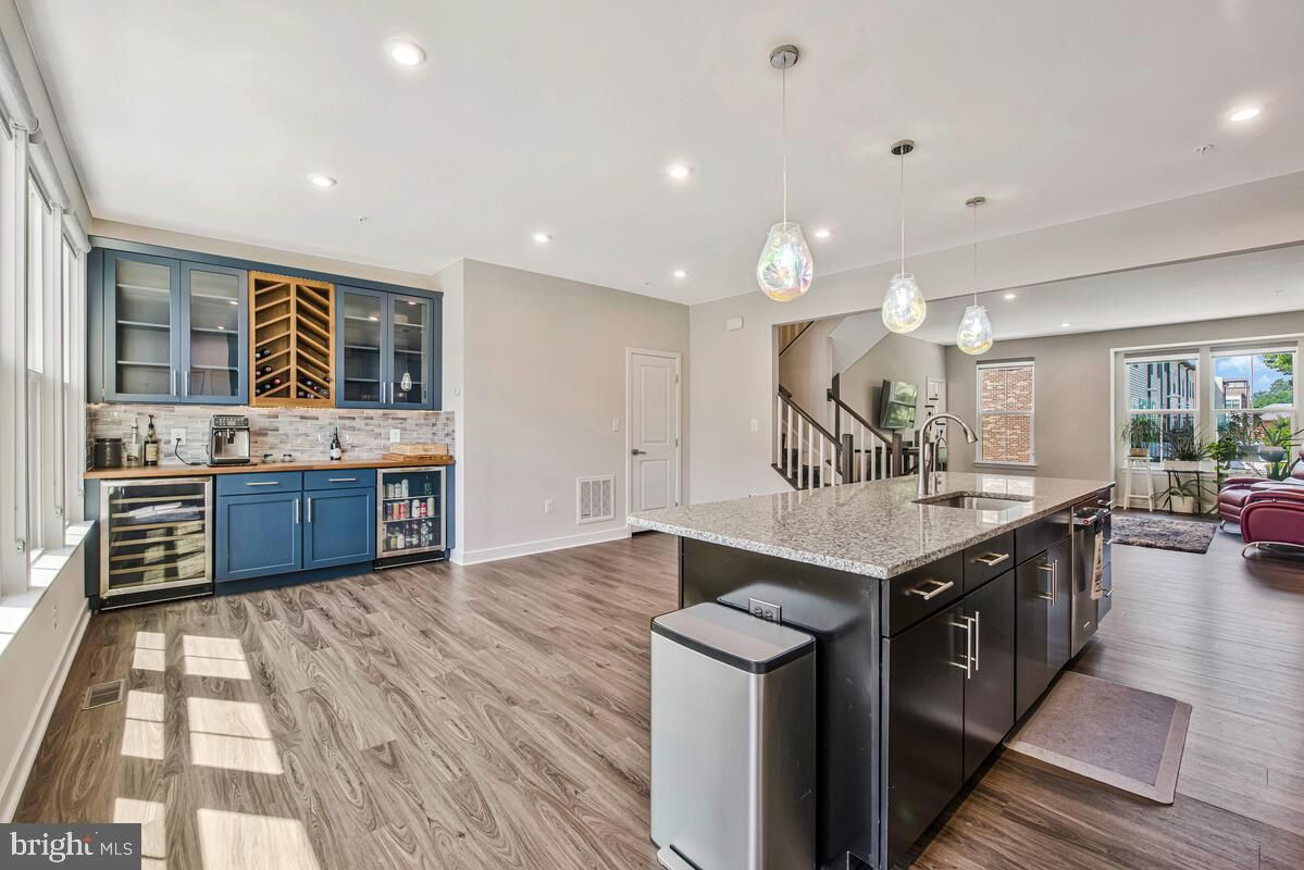Interior, Kitchen, Pendant Lights, Recessed Lighting, Wood Texture Flooring