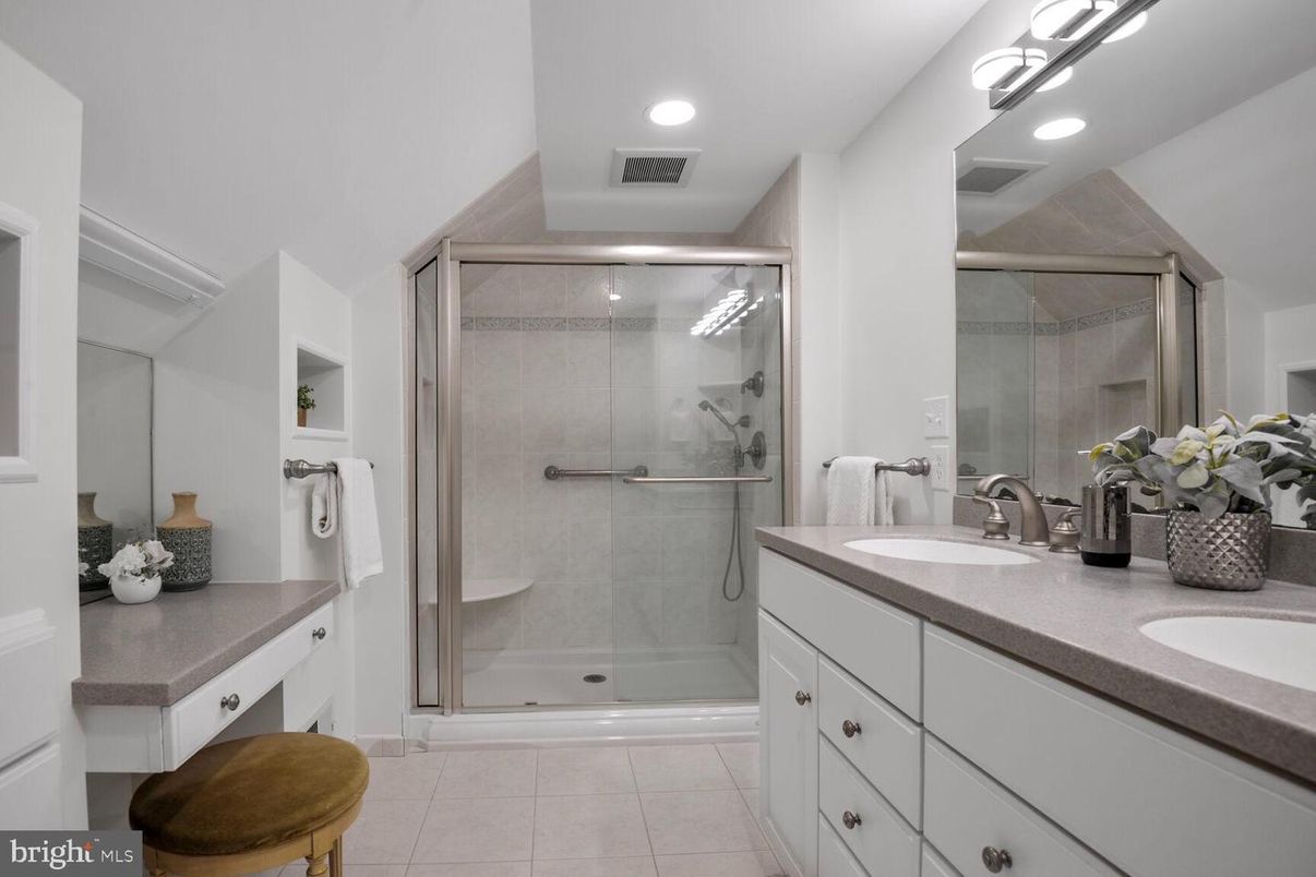 Bathroom, Dual Sink Vanities, Glass Shower, Interior, Recessed Lighting