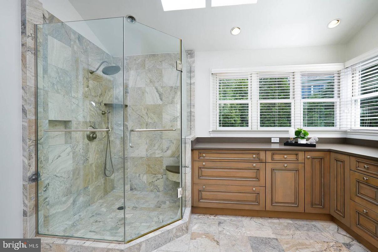 Bathroom, Glass Shower, Interior, Marble Walls, Recessed Lighting