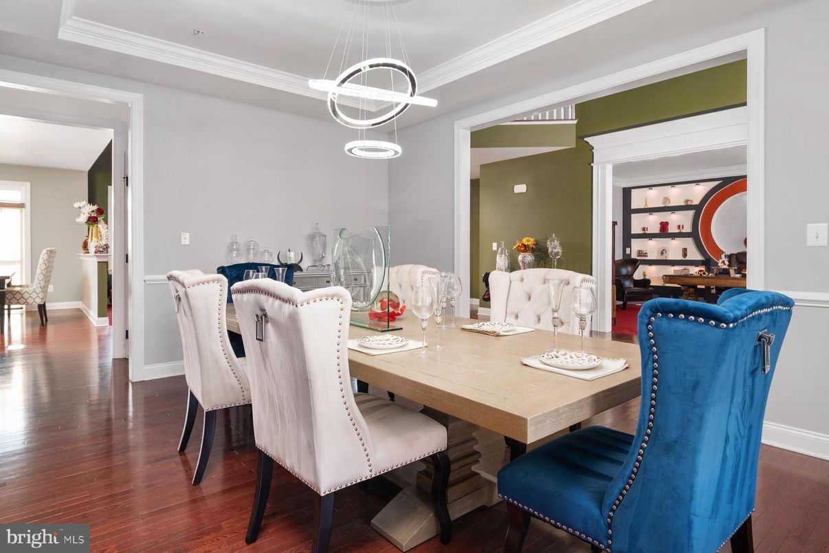 Dining room, Interior, Pendant Lights, Wood Texture Flooring