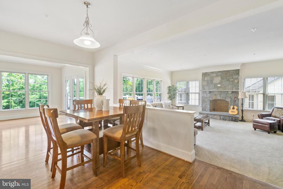Dining room, Fireplace, Interior, Living room, Pendant Lights, Wood Texture Flooring