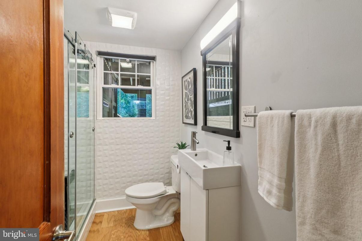 Bathroom, Glass Shower, Interior, Wood Texture Flooring